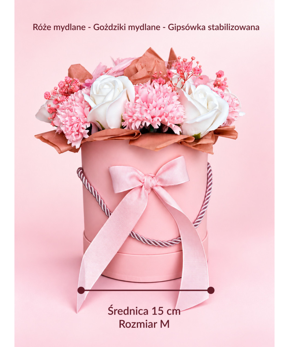 Flowerbox różowy z pachnącymi kwiatami mydlanymi rozmiar M, 20 sztuk kwiatów